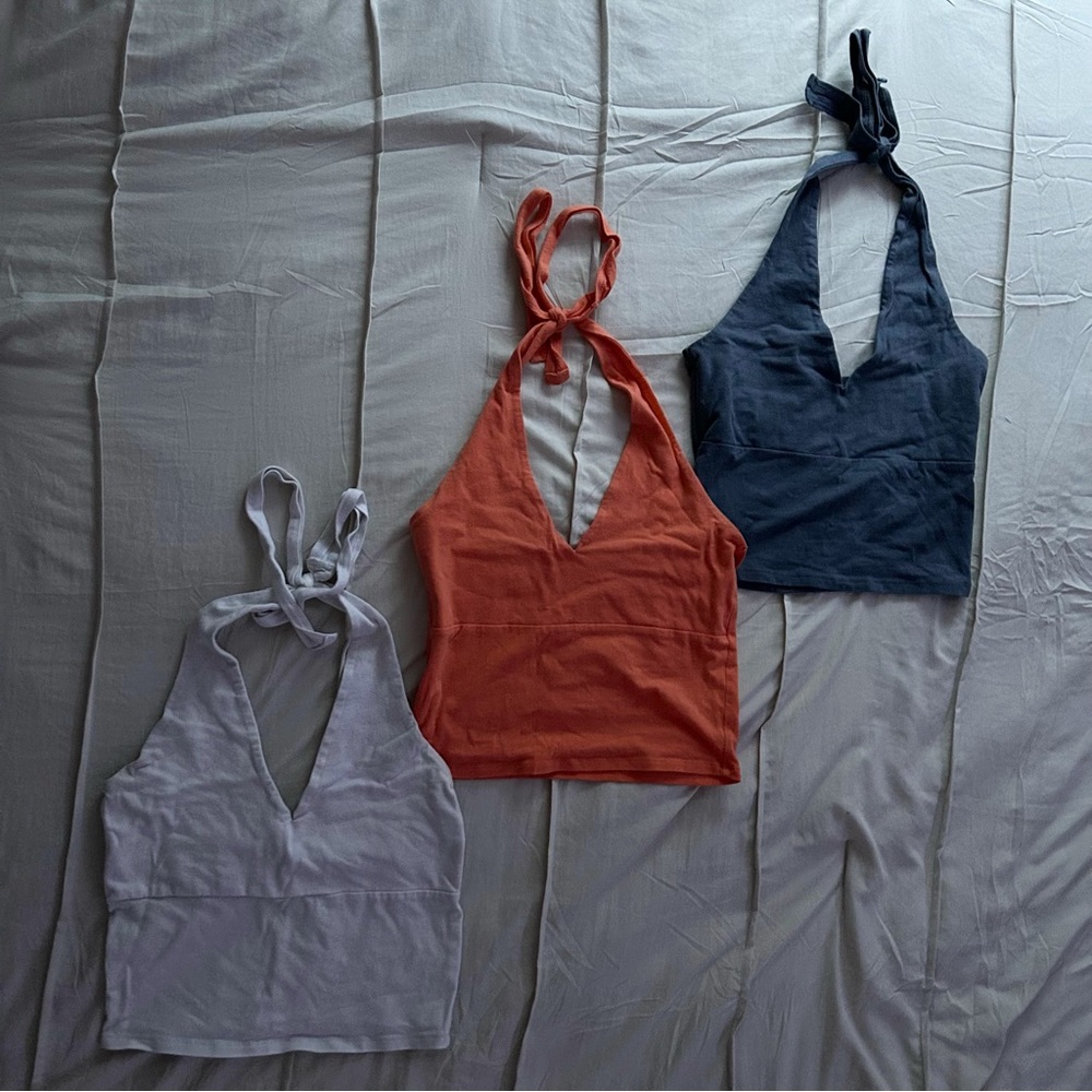 3 Hollister tie halter-top cropped top Size small (white, orange, and navy)